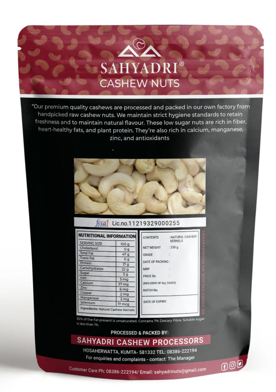 Buy Sahyadri Nuts export quality W180 whole cashew nuts kaju 250g online India